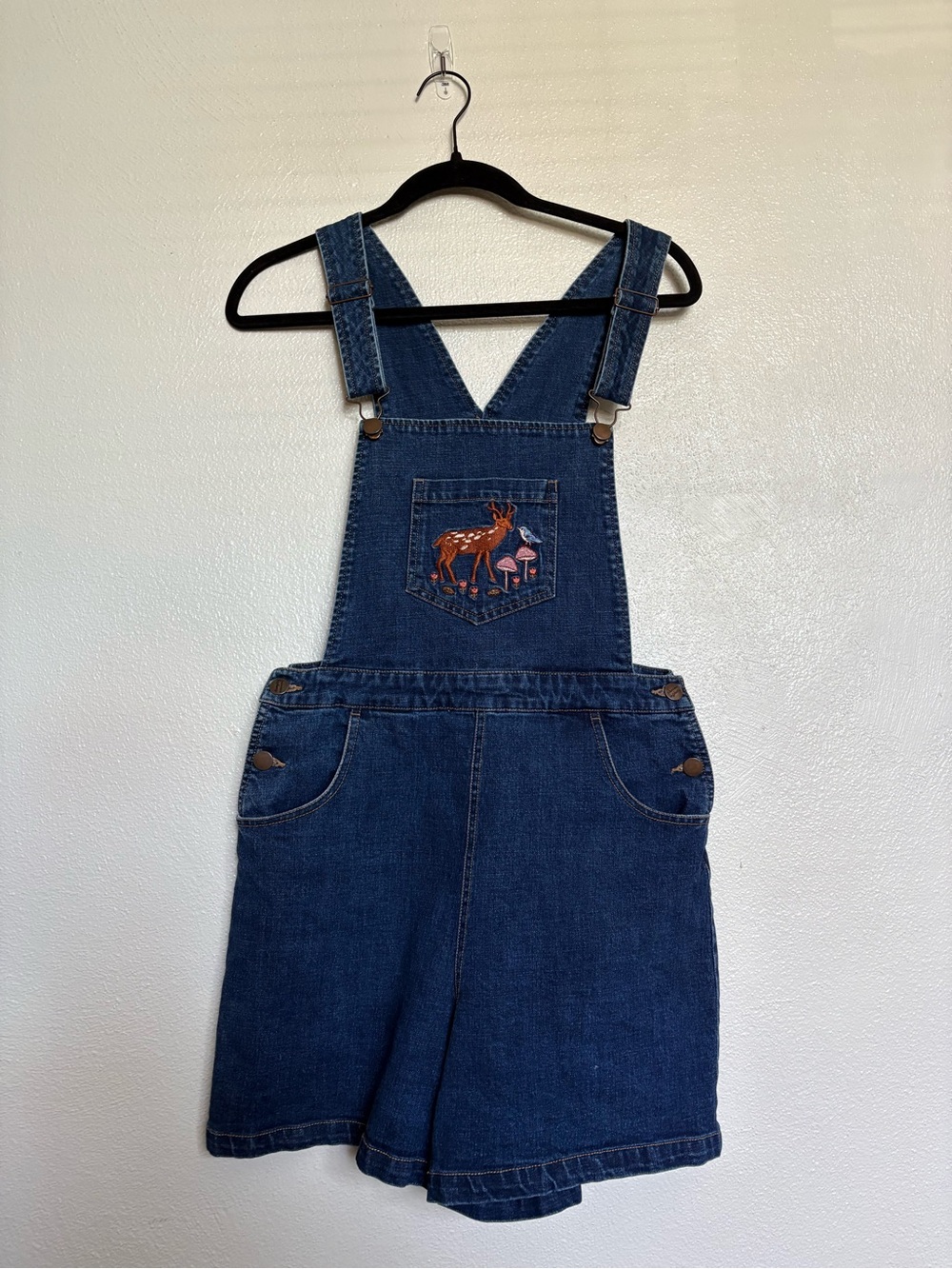 Modcloth Dark Blue Denim Short Overalls with Cottagecore Deer Embroidery